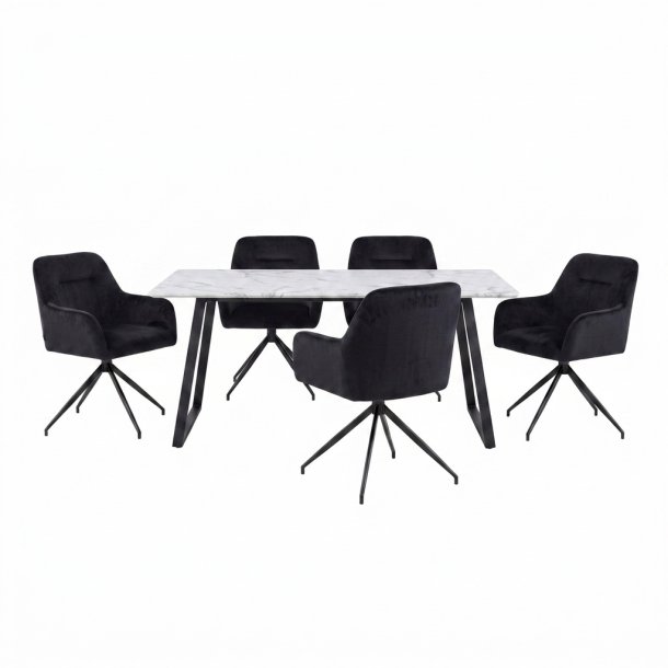 Malaga Essgruppe Tisch 90x200cm Marmor wei� und 6 Moon St�hle Velours schwarz.