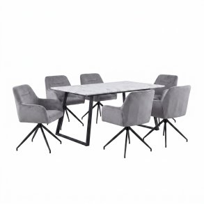 Malaga Essgruppe Tisch 90x200cm Marmor wei� und 6 Moon St�hle Velours grau.