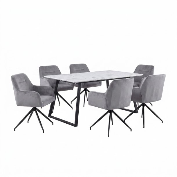 Malaga Essgruppe Tisch 90x200cm Marmor wei� und 6 Moon St�hle Velours grau.