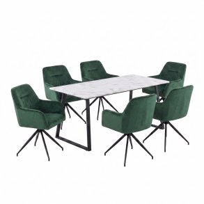 Malaga Essgruppe Tisch 90x200cm Marmor wei� und 6 Moon St�hle Velours gr�n.
