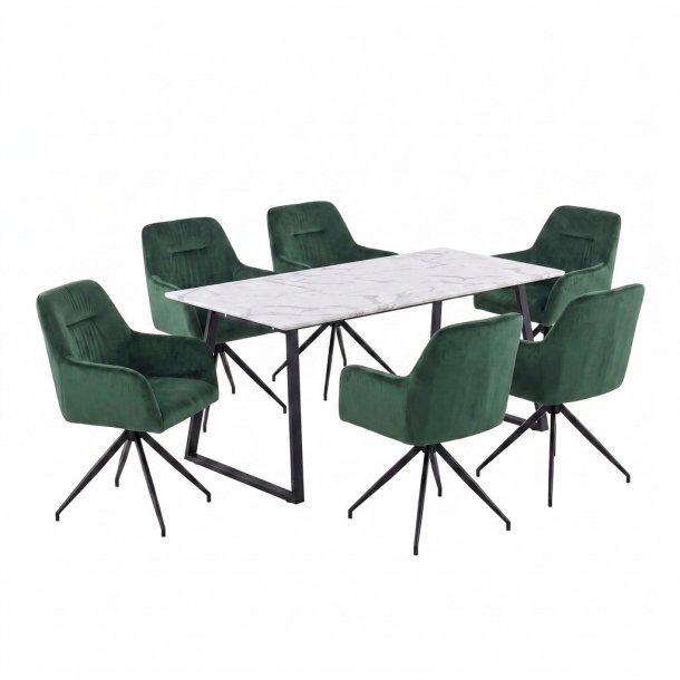 Malaga Essgruppe Tisch 90x200cm Marmor wei� und 6 Moon St�hle Velours gr�n.