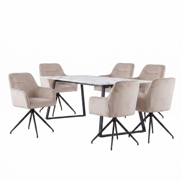 Malaga Essgruppe Tisch 90x200cm Marmor wei� und 6 Moon St�hle Velours beige.