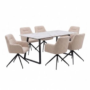 Malaga Essgruppe Tisch 90x200cm Marmor wei� und 6 Moon St�hle boucle beige.