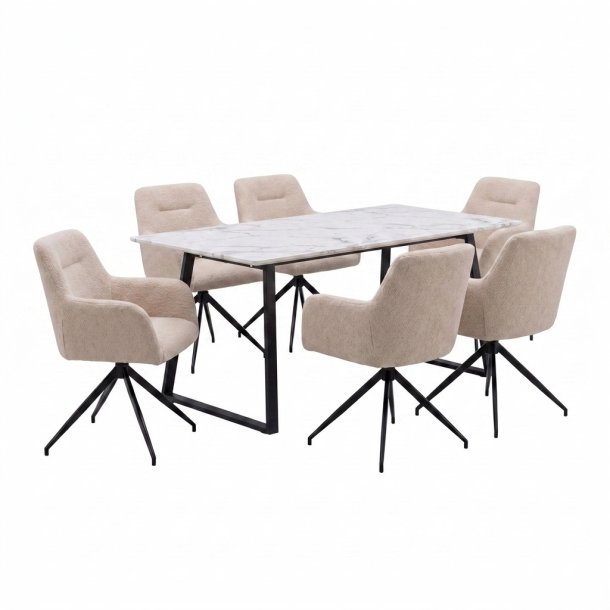 Malaga Essgruppe Tisch 90x200cm Marmor wei� und 6 Moon St�hle boucle beige.