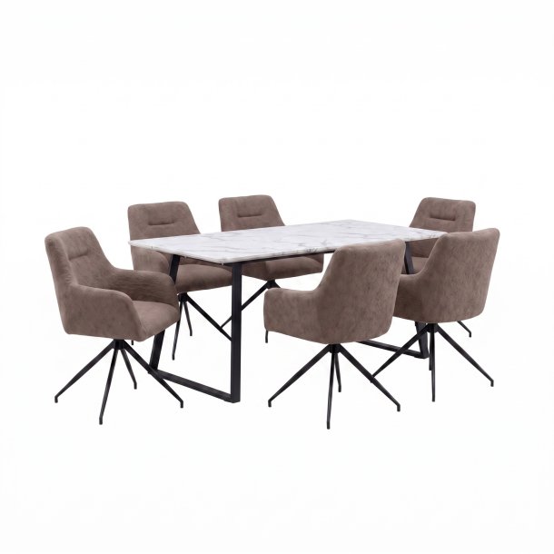 Malaga Essgruppe Tisch 90x200cm Marmor wei� und 6 Moon St�hle boucle braun.