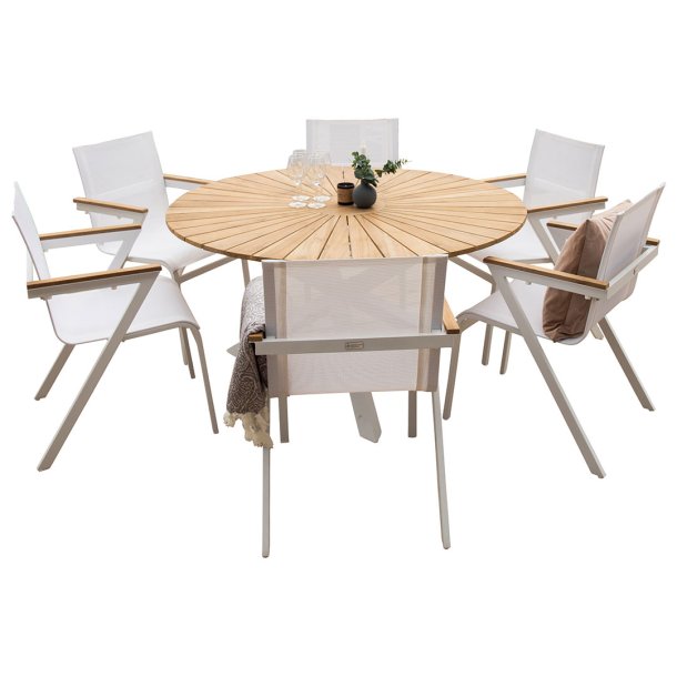 Mexico havest bord 140cm natur, 6 stole hvid.