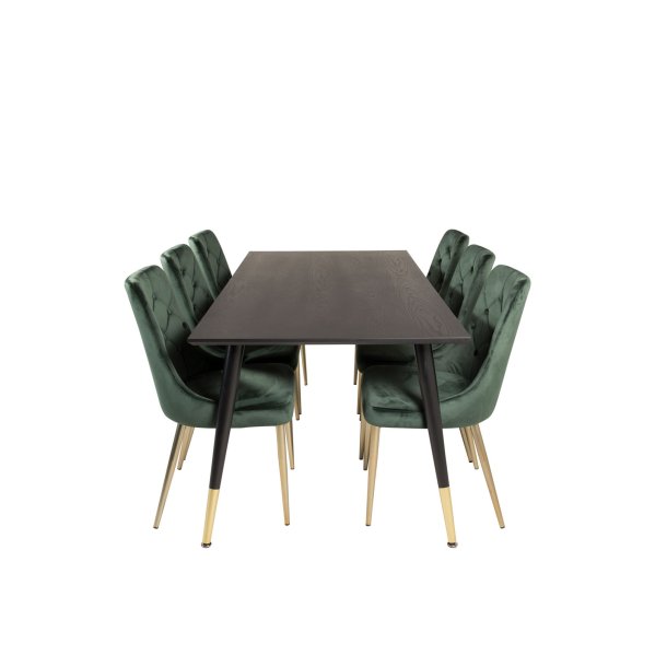 Dipp180x90BLBR spisebordsst spisebord sort og 6 Velvet Deluxe stole velour grn, messing dekor.