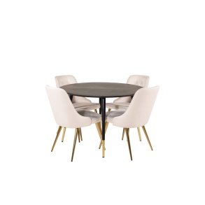 DippØ115BLBR matgrupp matbord svart och 4 Velvet Deluxe matstola velour beige, mässing dekor.