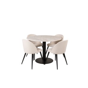 EstelleØ106WHBL matgrupp  vit, marmor och 4 Velvet matstola sammet beige, svart.