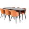 Gold Essgruppe Esstisch Ausziehbarer Tisch Länge cm 180 / 220 schwarz und 6 Velvet Esszimmerstühle Velour orange, schwarz.