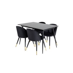 SilarBLExt matgrupp matbord utdragbart bord längd cm 120 / 160 svart och 4 Velvet matstola velour svart, mässing dekor.