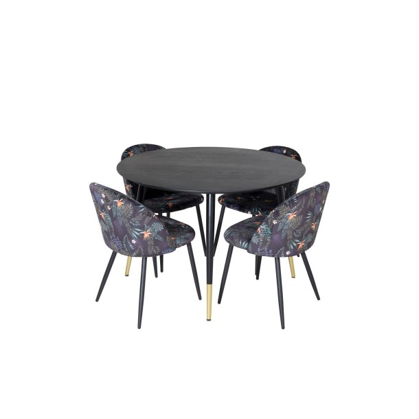 Dipp115BLBR spisegruppe spisebord svart og 4 Velvet spisestuestoler velour blomstret.