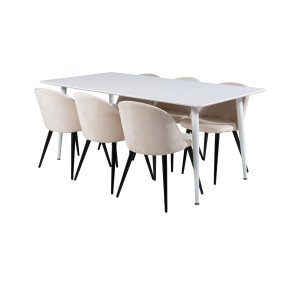 Polar180X90WHWH matgrupp matbord vit och 6 Velvet matstola velour beige, svart.