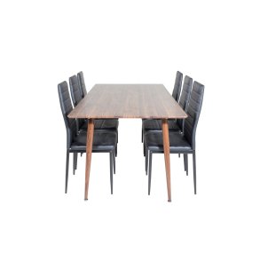 Polar180X90WNWN matgrupp matbord Valn�t dekor och 6 Slim High Back matstola PU konstl�der svart.