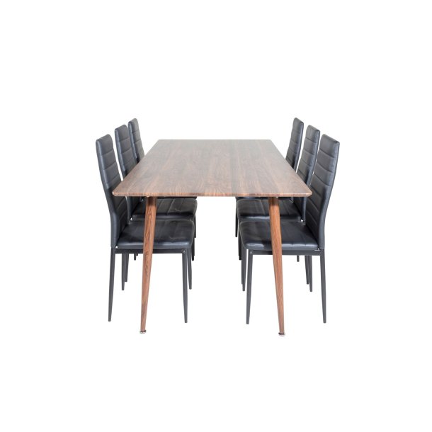 Polar180X90WNWN matgrupp matbord Valn�t dekor och 6 Slim High Back matstola PU konstl�der svart.