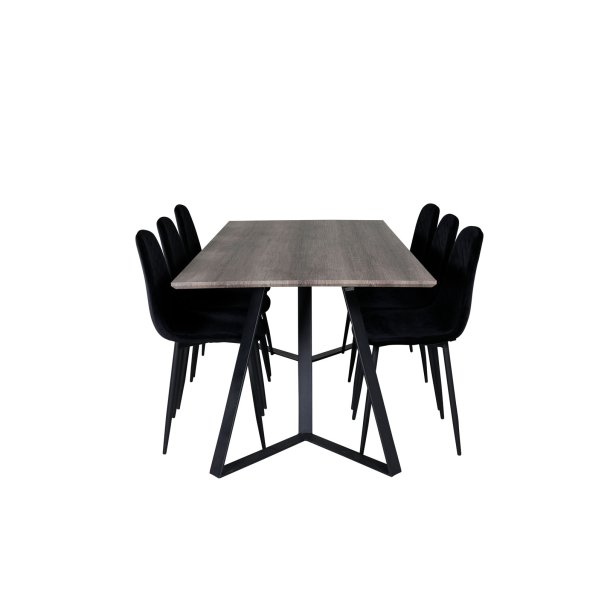 MarinaGRBL Essgruppe Esstisch El Holz dekor grau und 6 Polar Diamond Esszimmerstühle Velour schwarz.