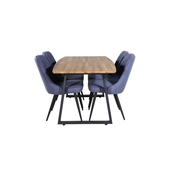 IncaNABL spisegruppe spisebord uttrekksbord lengde cm 160 / 200 el tre dekor og 4 Velvet Deluxe spisestuestoler bl, svart.