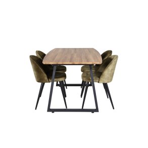 IncaNABL Essgruppe Esstisch Ausziehbarer Tisch Länge cm 160 / 200 El Holz dekor und 4 Velvet Esszimmerstühle Velour grün, schwarz.
