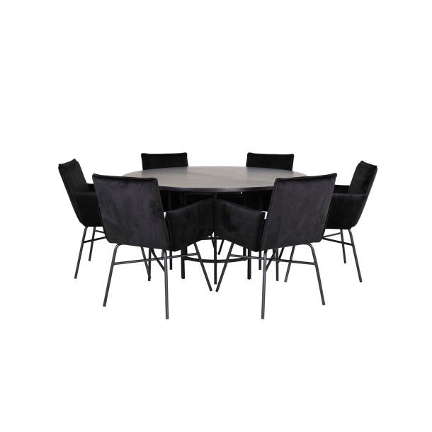 Set da pranzo Copenhagen con tavolo da pranzo marrone e 6 sedie Pippi in velluto nero.