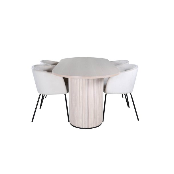 BiancaWW Essgruppe Esstisch Eiche Furnier wei washed und 4 Berit Esszimmersthle Velour beige.
