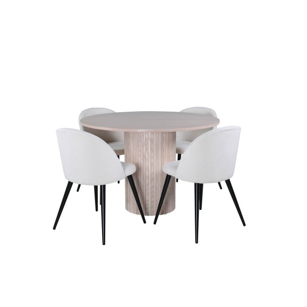BiancaROWW matgrupp matbord ektrd faner vit washed och 4 Velvet matstola sammet beige, svart.