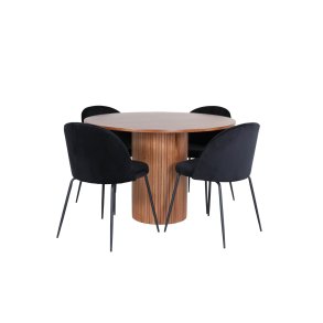 BiancaROWA matgrupp matbord ektrd faner och 4 Wrinkles matstola velour svart.