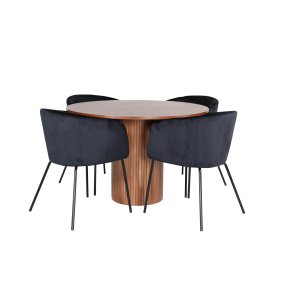 BiancaROWA matgrupp matbord ektrd faner och 4 Berit matstola velour svart.