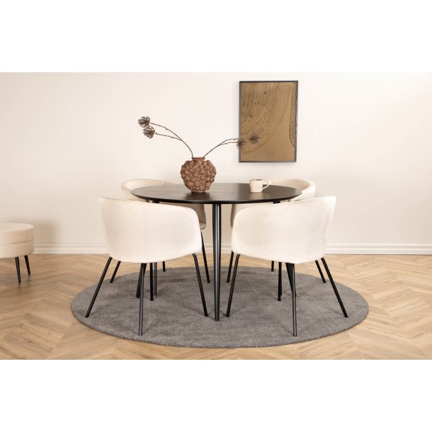Dipp115BLBL spisegruppe spisebord svart og 4 Berit spisestuestoler velour beige.