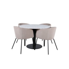 Estelle106WHBL matgrupp matbord vit, marmor och 4 Berit matstola beige.