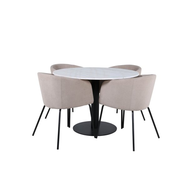 Estelle106WHBL matgrupp matbord vit, marmor och 4 Berit matstola beige.