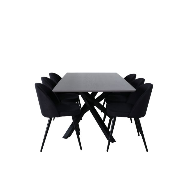 PiazzaGRBL spisegruppe spisebord gr og 6 Velvet spisestuestoler svart.