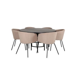 Set da pranzo Copenhagen con tavolo da pranzo marrone e 6 sedie Berit beige.