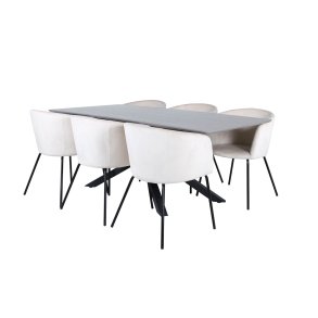 PiazzaGRBL matgrupp matbord gr och 6 Berit matstola velour beige.