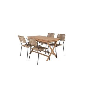 Kenya Gartenset Tisch 70x120cm natur, 4 Stühle Lindos braun.