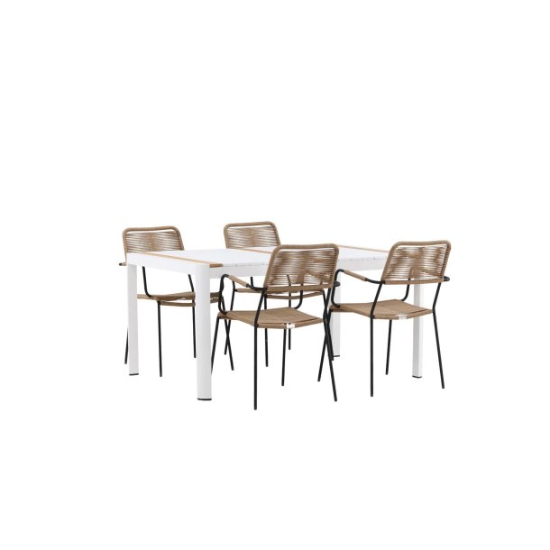 Togo set de jardin table 90x150cm blanc, 4 chaises Lindos marron.