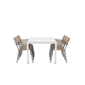 Togo tuinmeubelset tafel 100x200cm wit, 6 stoelen Lindos bruin.