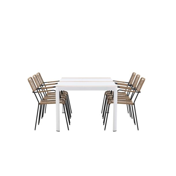 Togo hagesett bord 100x200cm hvit, 6 stoler Lindos brun.