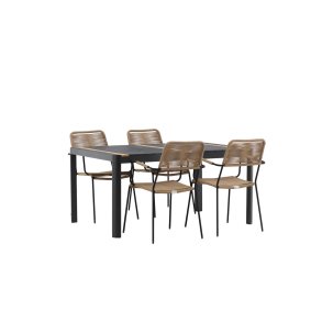 Togo Gartenset Tisch 90x150cm schwarz, 4 Stühle Lindos braun.