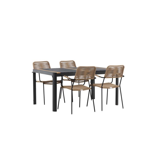Togo Gartenset Tisch 90x150cm schwarz, 4 Stühle Lindos braun.