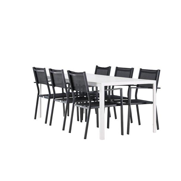Break hagesett bord 90x205cm hvit, 6 stoler svart.
