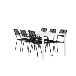 Break hagesett bord 90x205cm hvit, 6 stoler svart.