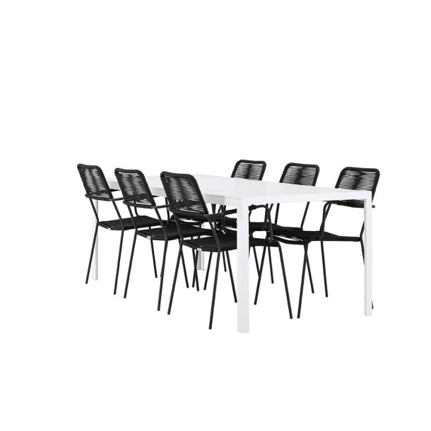 Break hagesett bord 90x205cm hvit, 6 stoler svart.