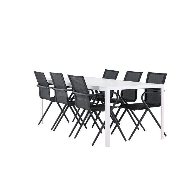 Break hagesett bord 90x205cm hvit, 6 stoler svart.