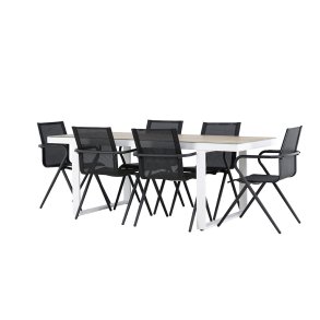 Merlo zestaw ogrodowy stół 90x200cm biały, 6 krzeseł czarnych.