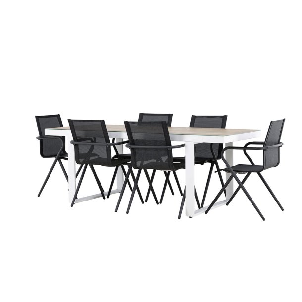 Merlo zestaw ogrodowy stół 90x200cm biały, 6 krzeseł czarnych.