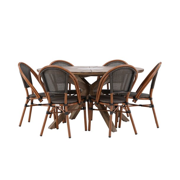 Rosario haves�t bord �140cm brun, 6 stole sort.