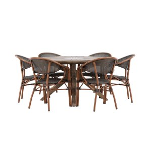 Rosario haves�t bord �140cm brun, 6 stole sort.