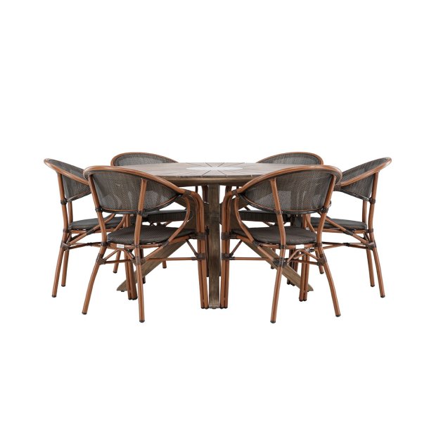 Rosario haves�t bord �140cm brun, 6 stole sort.