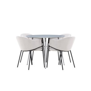 Plaza Essgruppe Tisch Ø100cm und 4 Velours Stühle mit Armlehnen grau.