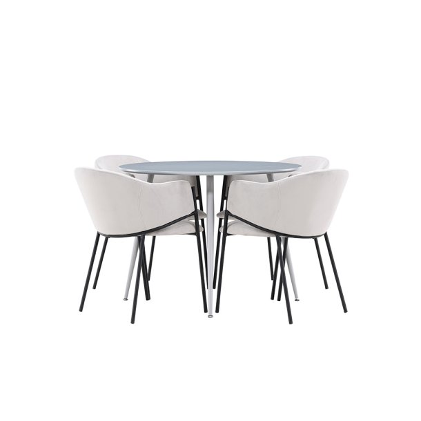Plaza Essgruppe Tisch Ø100cm und 4 Velours Stühle mit Armlehnen grau.